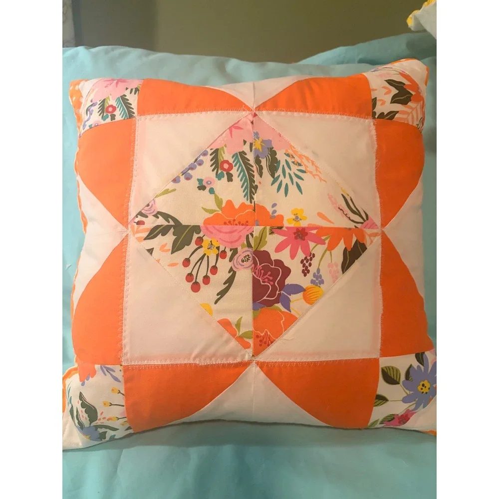 Handmade‎ Quilted Throw Pillow Orange White Floral Patchwork Boho Accent Decor